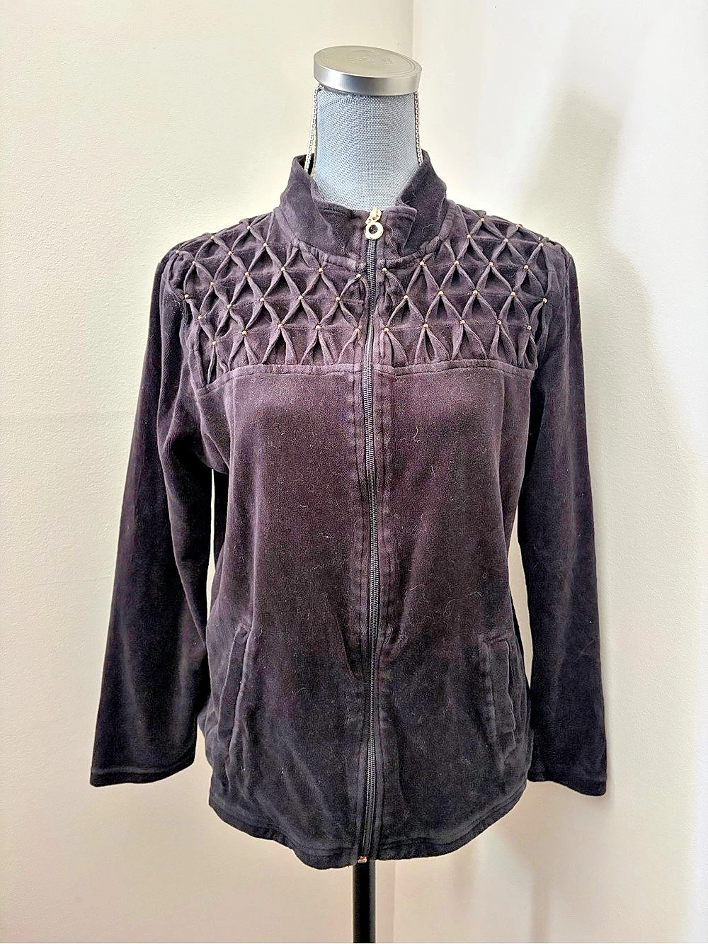 Y2K Velour Corset Lattice Pleat Textured Zip Jacket Black